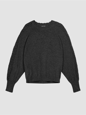 0076 100% cashmere Women's Charcoal Open-Stitch Sleeve Crewneck Sweater